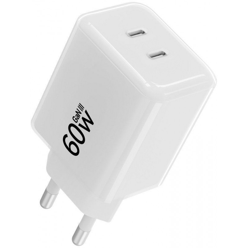 Forcell F-Energy GaN III Crystal Color VT-60 60W PD QC 4.0 2x USB-C sienas lādētājs balts + kabelis