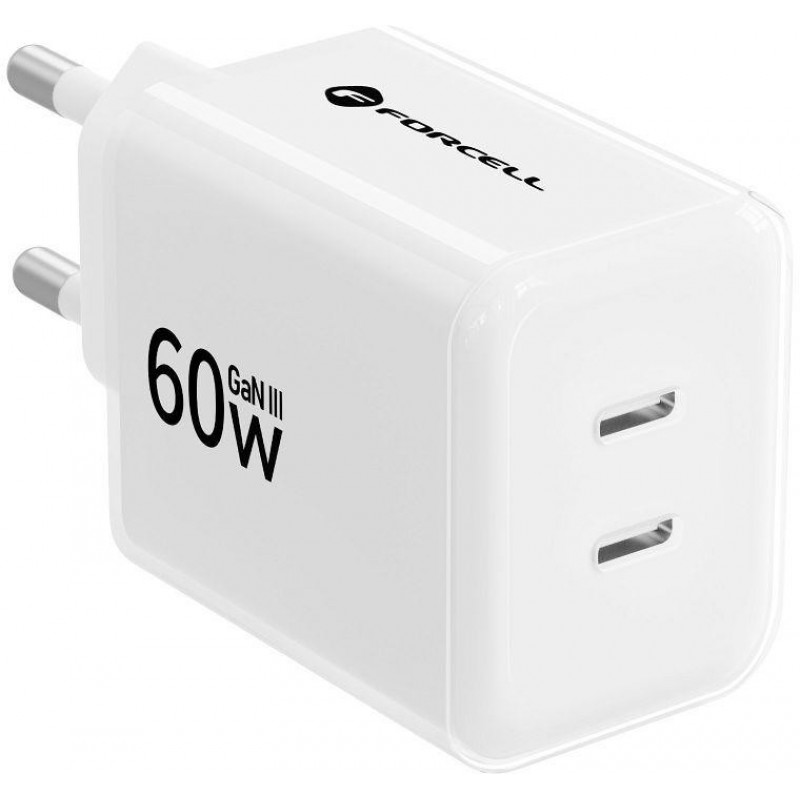 Forcell F-Energy GaN III Crystal Color VT-60 60W PD QC 4.0 2x USB-C sienas lādētājs balts + kabelis