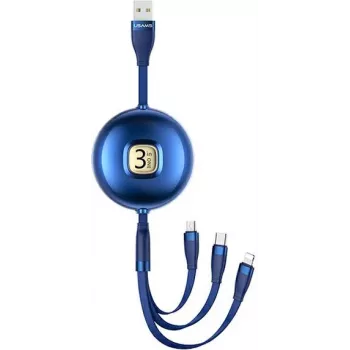 Usams U69 3-in-1 USB kabelis (Lightning / Micro-USB / USB-C), 1 m, zils
