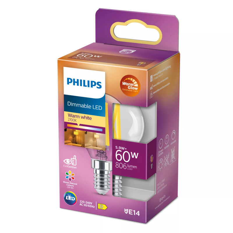 Philips LED Classic WarmGlow spuldze 60W E14, piliena formas, caurspīdīga, regulējama