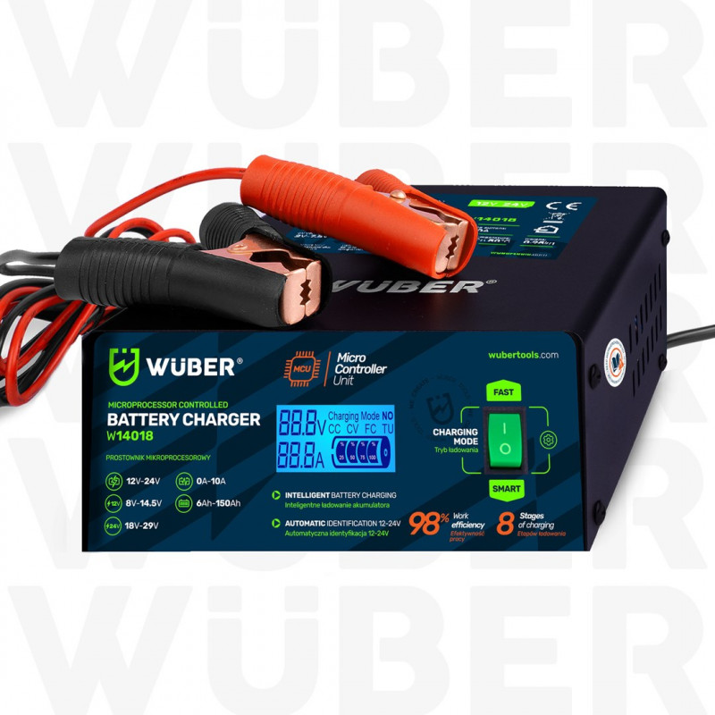 Wuber W14018 mikroprocesora automašīnas akumulatora lādētājs, 10 A, 6-150 Ah, 2-24 V