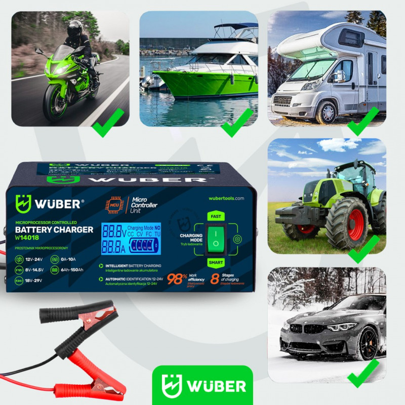 Wuber W14018 mikroprocesora automašīnas akumulatora lādētājs, 10 A, 6-150 Ah, 2-24 V