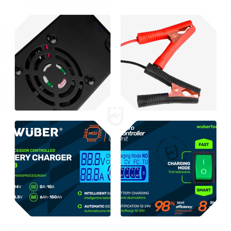 Wuber W14018 mikroprocesora automašīnas akumulatora lādētājs, 10 A, 6-150 Ah, 2-24 V