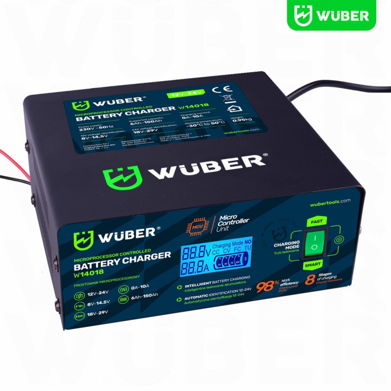 Wuber W14018 mikroprocesora automašīnas akumulatora lādētājs, 10 A, 6-150 Ah, 2-24 V