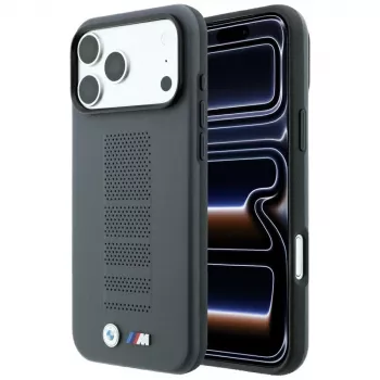 BMW M Blue Perfo Metal Logo MagSafe maciņš iPhone 18 Pro / 17 Pro, pelēks