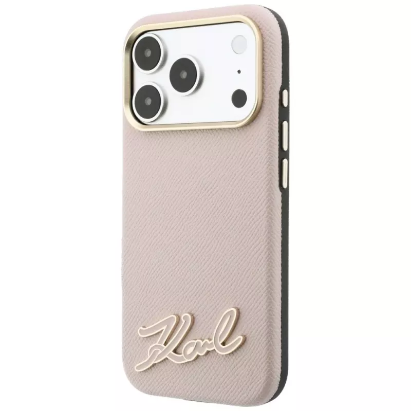 Karl Lagerfeld graudainas tekstūras maciņš ar sveķu parakata logotipu, MagSafe, iPhone 18 Pro / 17 Pro, rozā