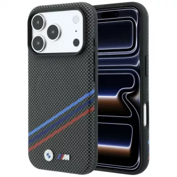 BMW M Quadrille Kevlar Print Tricolor Lines & Metal Logo MagSafe vāciņš iPhone 18 Pro / 17 Pro, antracīta