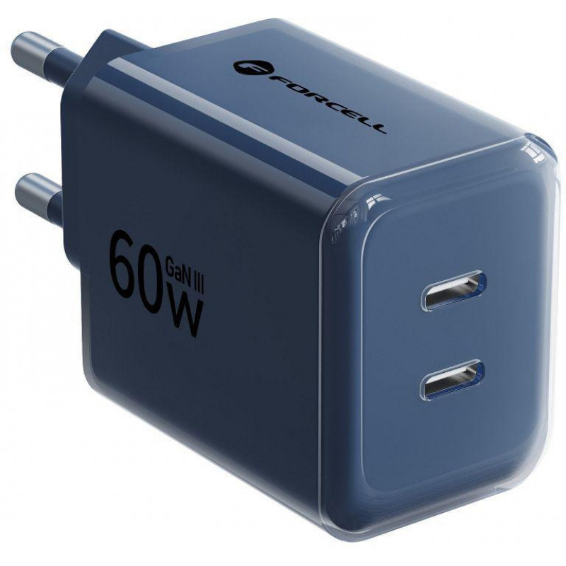 Forcell F-Energy GaN III VT-60 60W PD QC 4.0+ 2x USB-C sienas lādētājs tumši zils + USB-C kabelis