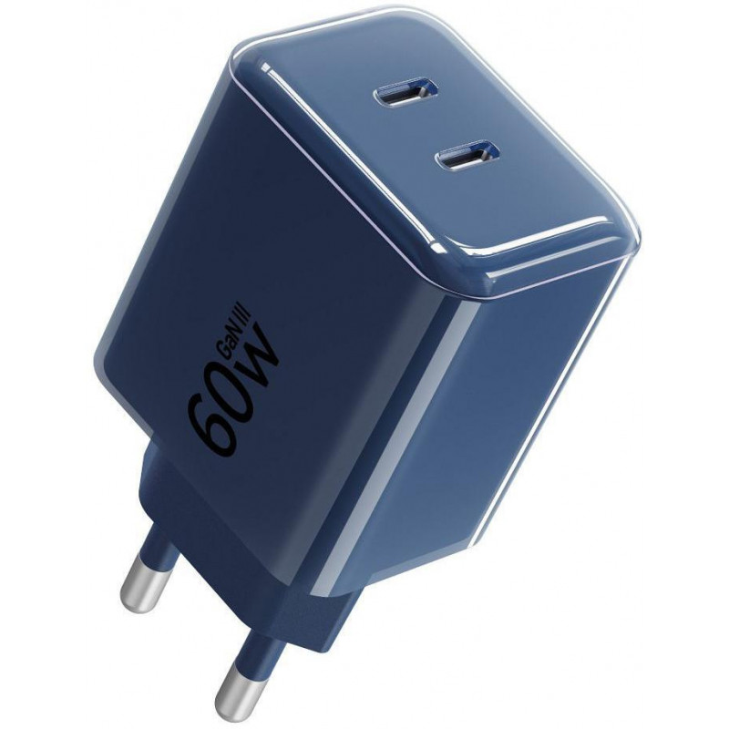 Forcell F-Energy GaN III VT-60 60W PD QC 4.0+ 2x USB-C sienas lādētājs tumši zils + USB-C kabelis