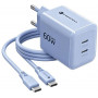 Forcell F-Energy GaN III VT-60 60W PD QC 4.0+ 2x USB-C sienas lādētājs zils + USB-C kabelis