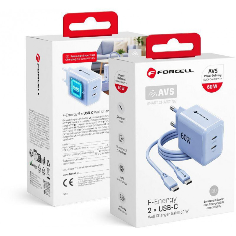 Forcell F-Energy GaN III VT-60 60W PD QC 4.0+ 2x USB-C sienas lādētājs zils + USB-C kabelis