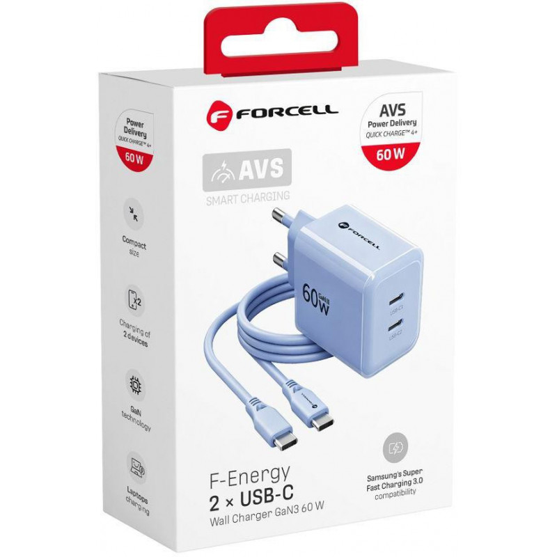 Forcell F-Energy GaN III VT-60 60W PD QC 4.0+ 2x USB-C sienas lādētājs zils + USB-C kabelis