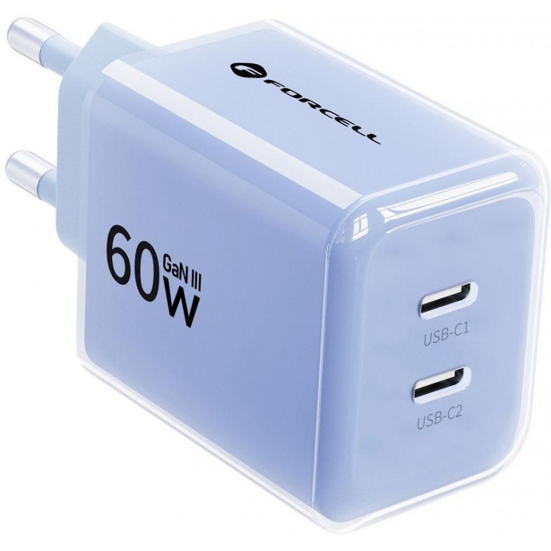 Forcell F-Energy GaN III VT-60 60W PD QC 4.0+ 2x USB-C sienas lādētājs zils + USB-C kabelis