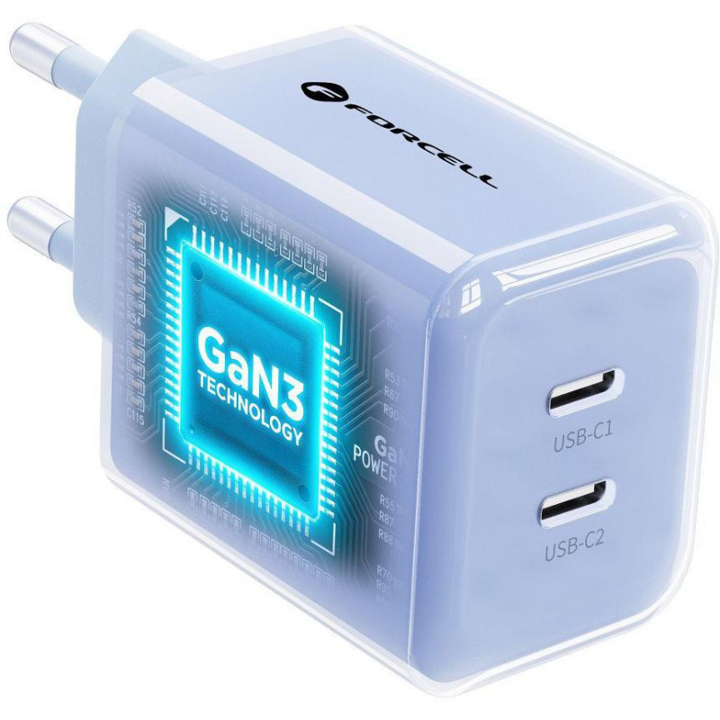 Forcell F-Energy GaN III VT-60 60W PD QC 4.0+ 2x USB-C sienas lādētājs zils + USB-C kabelis