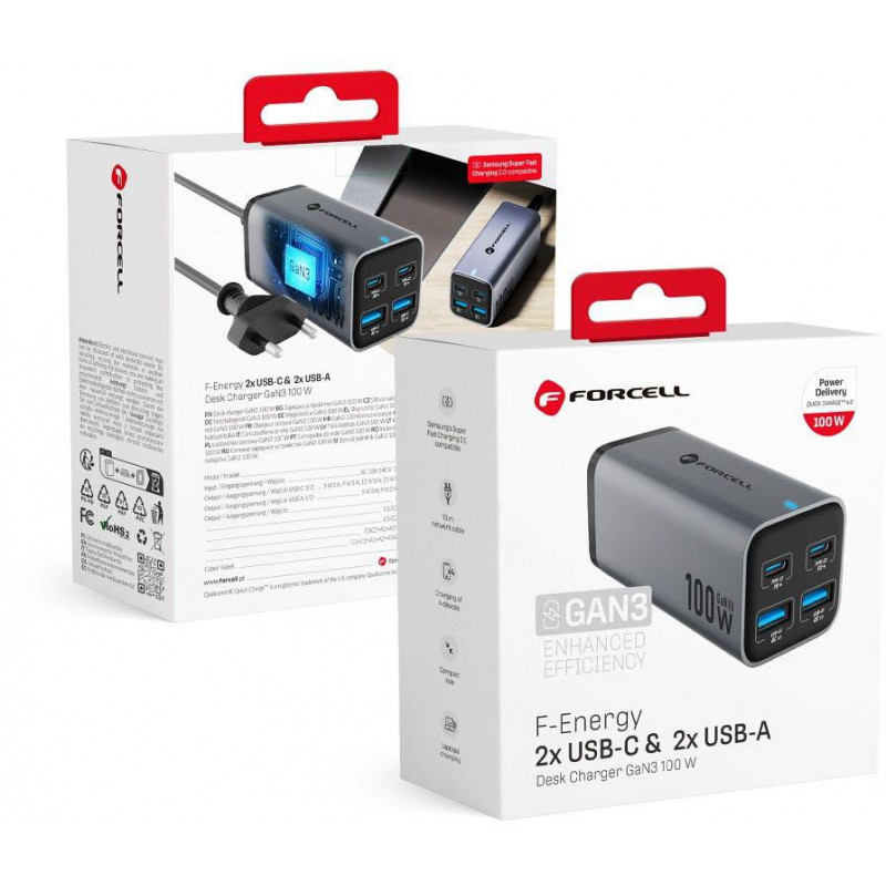 Forcell F-Energy GaN III VT-49 galda lādētājs, 2x USB-C + 2x USB-A, PD, QC 4.0, 100 W, pelēks
