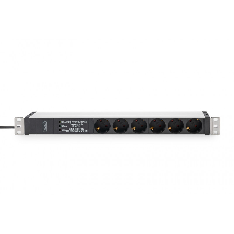 Digitus DN-95432 19 inch statīva PDU, 6x Schuko, 2 m kabelis, Schuko spraudnis, 16 A, pārsprieguma aizsardzība un filtrs