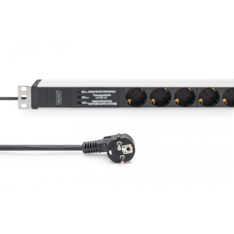 Digitus DN-95432 19 inch statīva PDU, 6x Schuko, 2 m kabelis, Schuko spraudnis, 16 A, pārsprieguma aizsardzība un filtrs