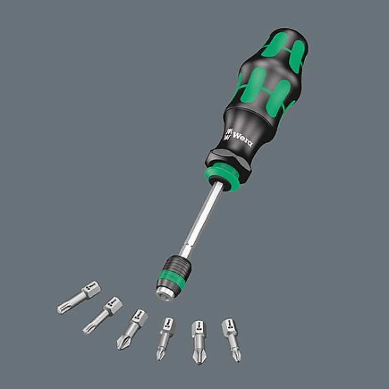 Wera skrūvgrieža rokturis ar 1/4 inch magnētisko uzgaļu turētāju + 6 uzgaļi