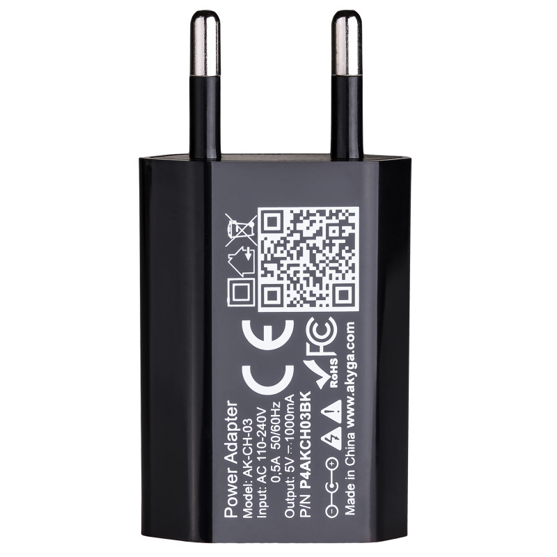 Sienas lādētājs Akyga AK-CH-03BK 5W USB-A 5V / 1A melns