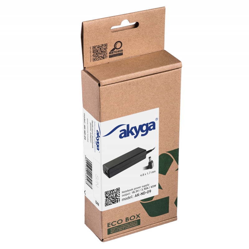 Akyga AK-ND-09 klēpjdatora lādētājs 18,5 V, 65 W, 4,8 x 1,7 mm, 1,2 m, saderīgs ar HP