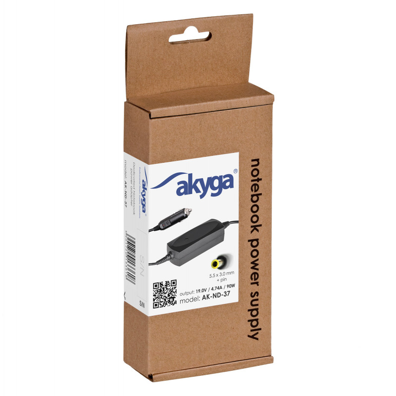 Akyga AK-ND-37 auto klēpjdatora lādētājs 19 V / 4,74 A, 90 W, 5,5 x 3,0 mm + tapa, saderīgs ar Samsung