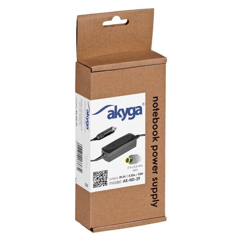 Akyga AK-ND-39 auto klēpjdatora lādētājs 20 V / 4,5 A, 90 W, 7,9 x 5,5 mm + tapa, saderīgs ar Lenovo