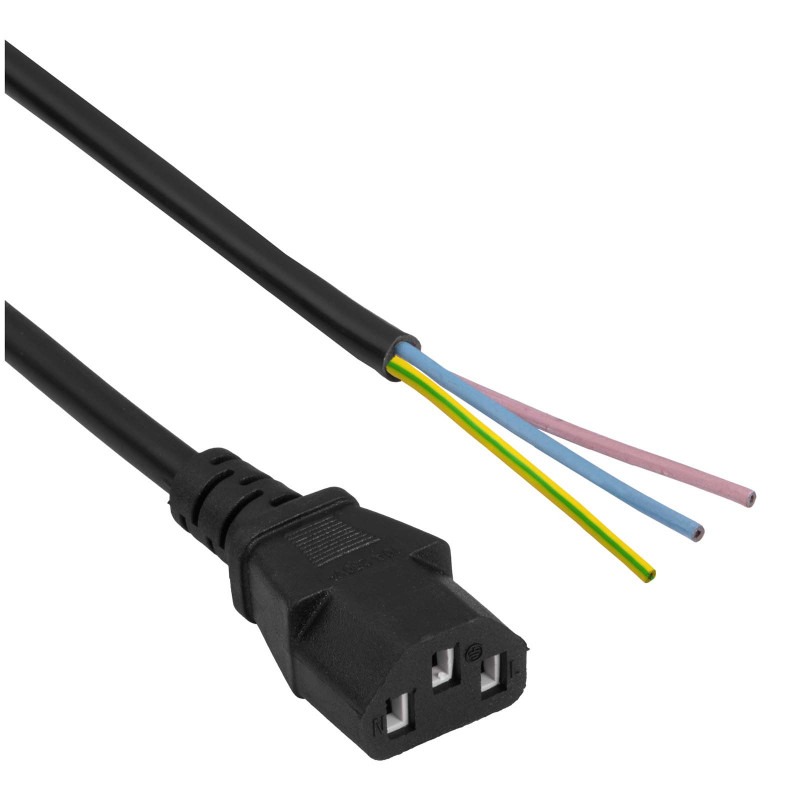 Akyga AK-OT-02A strāvas kabelis IEC C13 – atvērts gals, CCA 3 x 0,5 mm², 1,5 m, melns