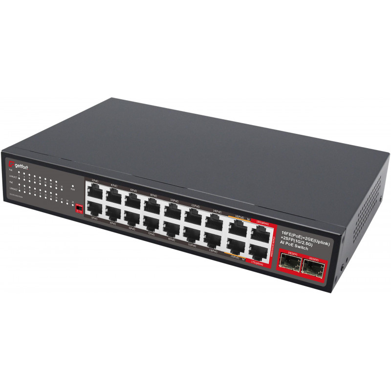 Getfort GF-120G-16P-240 PoE slēdzis, 16 x 10/100 PoE + 2 x GE + 2 x SFP, 240 W
