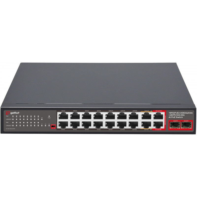 Getfort GF-120G-16P-240 PoE slēdzis, 16 x 10/100 PoE + 2 x GE + 2 x SFP, 240 W