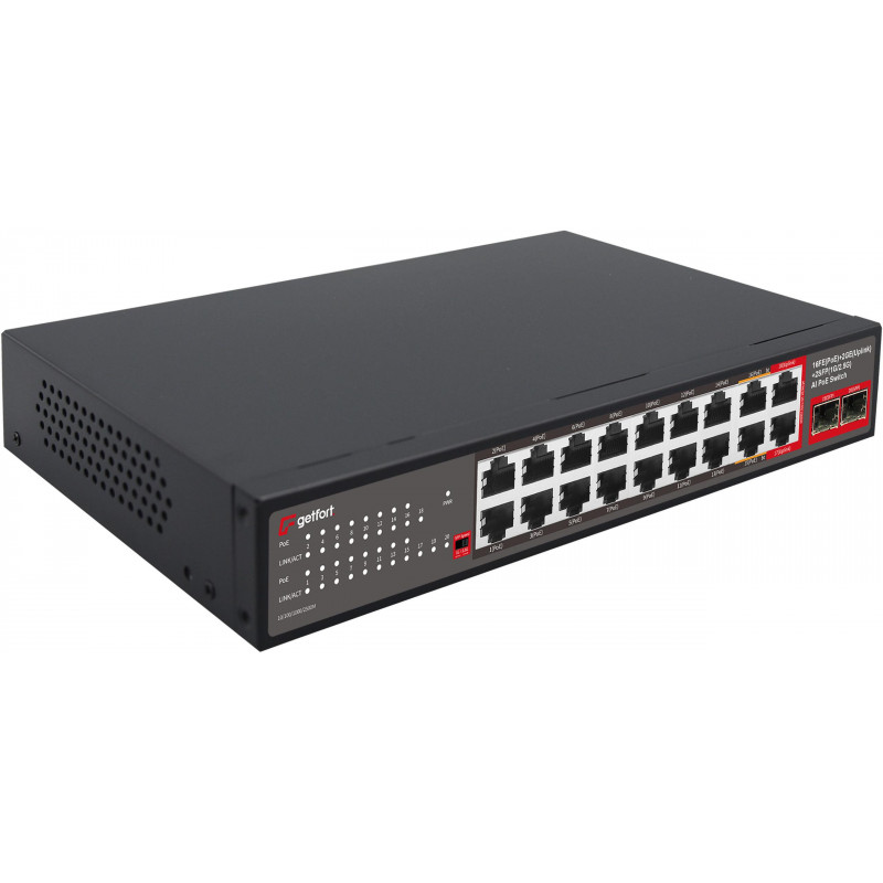 Getfort GF-120G-16P-240 PoE slēdzis, 16 x 10/100 PoE + 2 x GE + 2 x SFP, 240 W