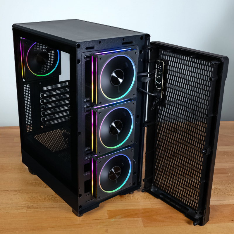Kolink AM2 ARGB Midi Tower datora korpuss, ATX, rūdīts stikls, komplektā 4x 120 mm ventilatori, melns