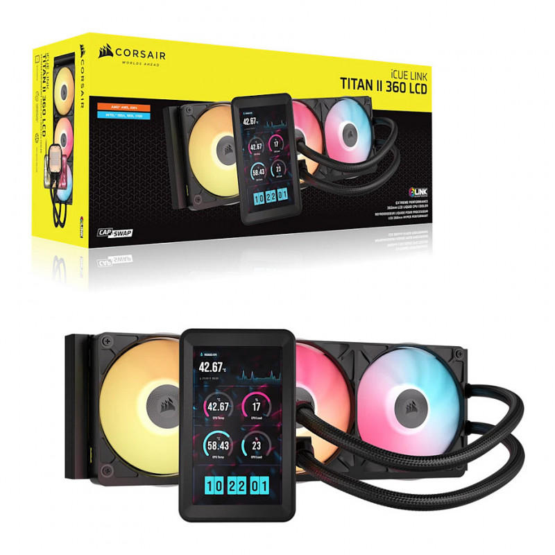 Corsair iCUE LINK TITAN II 360 RX LCD AIO šķidruma dzesētājs, 360 mm, RGB, melns, CW-9061045-WW