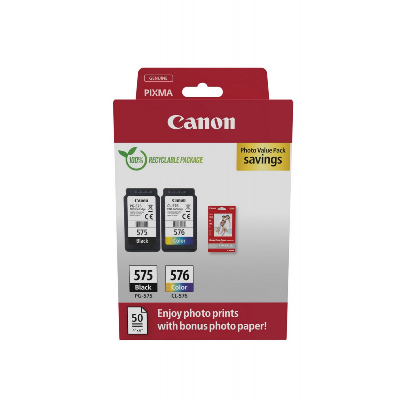 Canon PG-575/CL-576 Photo Value Pack, melna + krāsainā tintes kasetnes (2 gab.) ar foto papīru