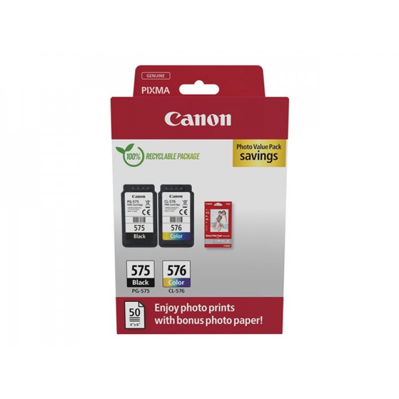 Canon PG-575/CL-576 Photo Value Pack, melna + krāsainā tintes kasetnes (2 gab.) ar foto papīru