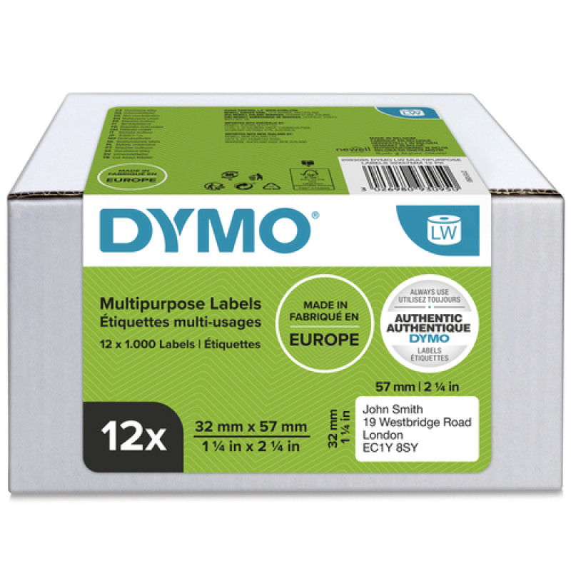 DYMO 2093095 LabelWriter universālās uzlīmes, 32 x 57 mm, 12 rullīši, baltas