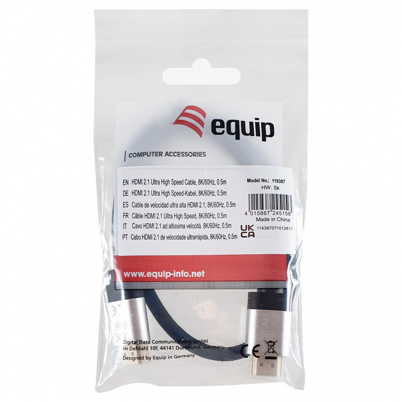 Equip 119387 HDMI 2.1 Ultra High Speed kabelis ar Ethernet, 48 Gbps, 8K/60 Hz, melns, 0,5 m