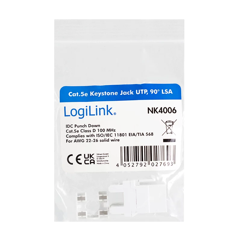 LogiLink NK4006 RJ45 keystone modulis, Cat.5e UTP, 90° iespiešana, balts