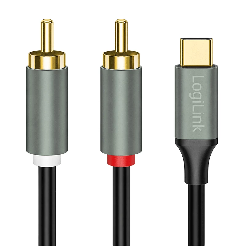 LogiLink CUA0141 USB 2.0 Type-C uz 2x RCA kabelis, stereo audio, alumīnija, melns/sudrabains, 1,5 m