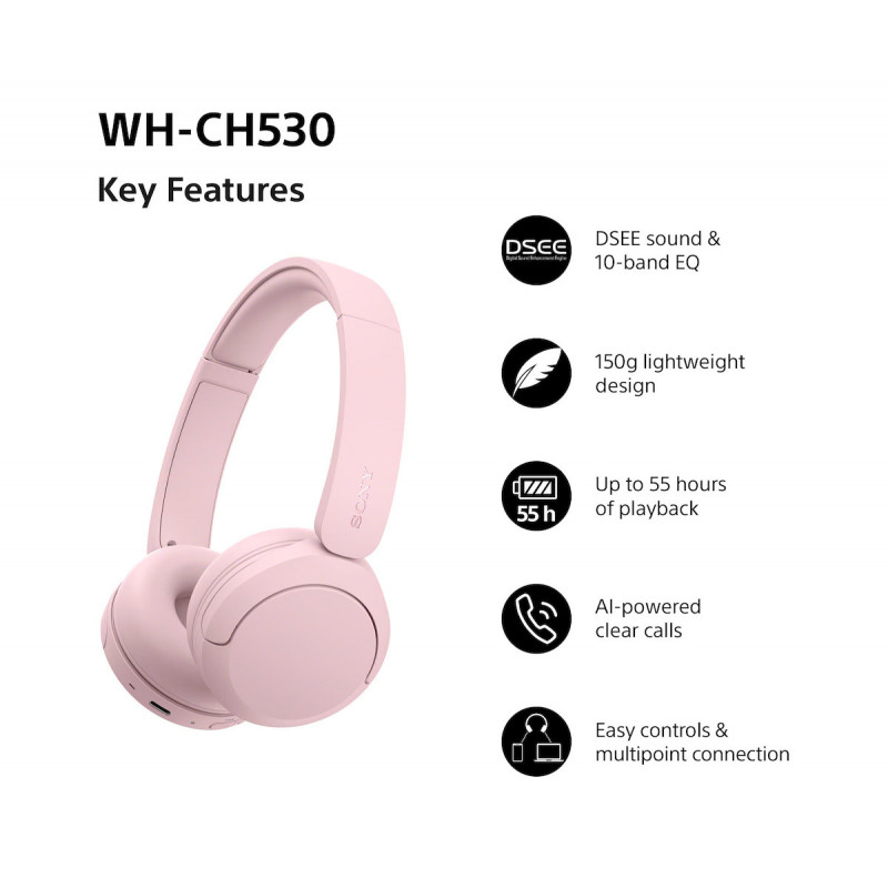 Sony WH-CH530 Bluetooth austiņas uz ausīm ar mikrofonu, trokšņu samazināšana, rozā