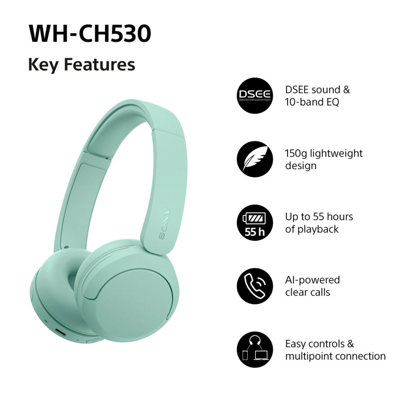 Sony WH-CH530 bezvadu Bluetooth austiņas, piparmētru krāsā