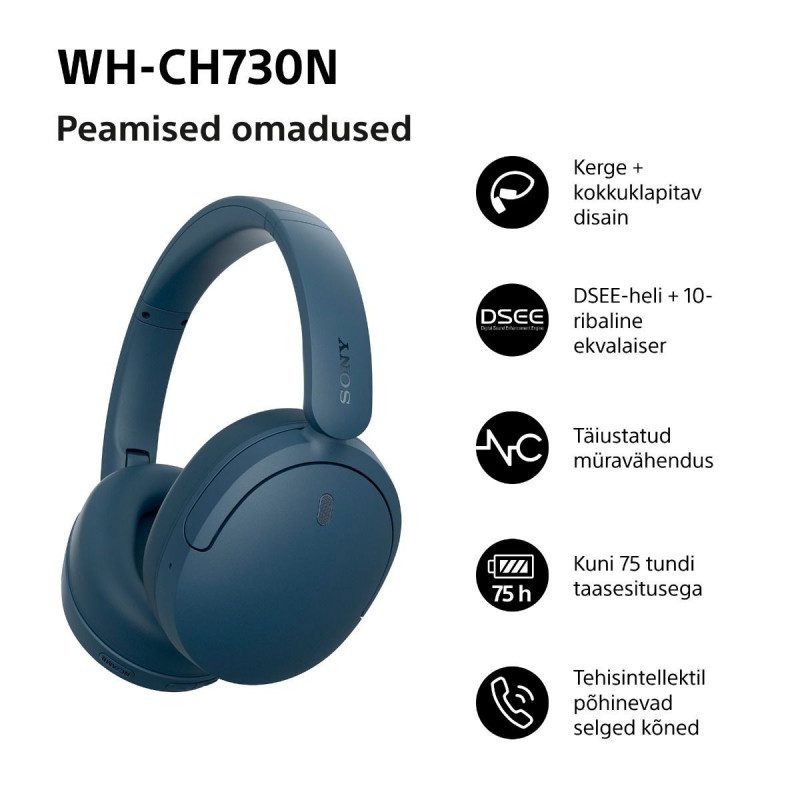 Sony WH-CH730N Bluetooth austiņas ap ausīm ar mikrofonu, zilas