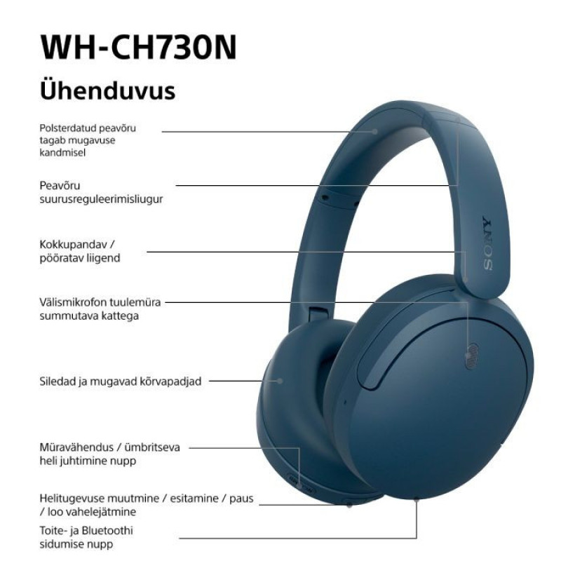 Sony WH-CH730N Bluetooth austiņas ap ausīm ar mikrofonu, zilas