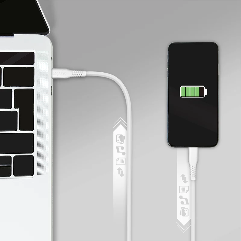 LogiLink CU0244 USB 2.0 kabelis USB-C uz Micro-USB, 480 Mbps, 12 W, balts, 2 m