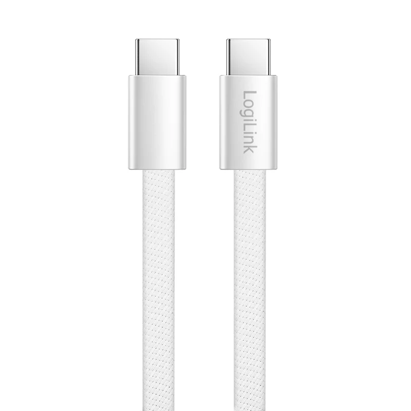 LogiLink CU0445 USB 2.0 plakans kabelis USB-C uz USB-C, pīts, 480 Mbps, 60 W, balts, 1 m