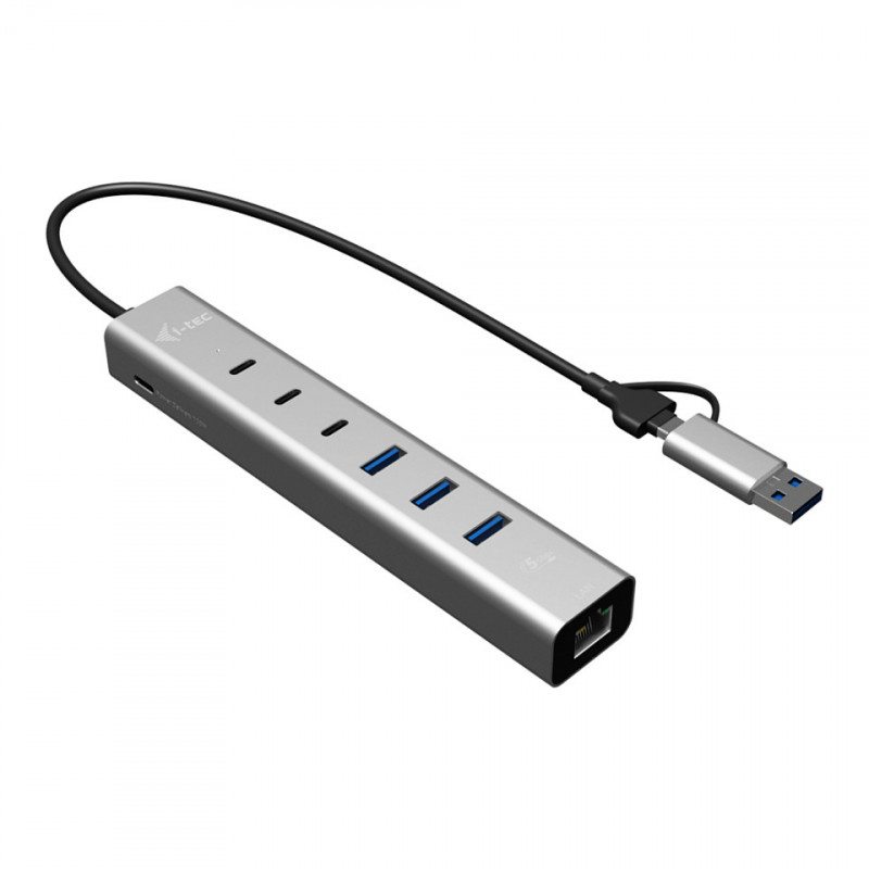 i-tec CAHUBMETAL6LANPD USB-C/USB-A metāla centrmezgls, 6 porti, Gigabit LAN, Power Delivery 85 W, sudraba krāsā