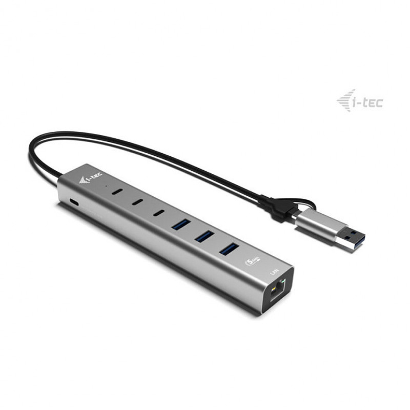 i-tec CAHUBMETAL6LANPD USB-C/USB-A metāla centrmezgls, 6 porti, Gigabit LAN, Power Delivery 85 W, sudraba krāsā