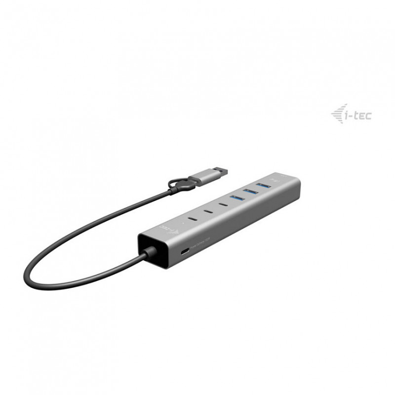 i-tec CAHUBMETAL6LANPD USB-C/USB-A metāla centrmezgls, 6 porti, Gigabit LAN, Power Delivery 85 W, sudraba krāsā