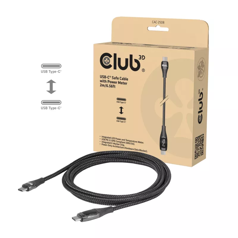 Club 3D CAC-2508 USB-C drošs uzlādes kabelis, 240 W, ar uzlādes displeju, spraudnis/spraudnis, 2 m