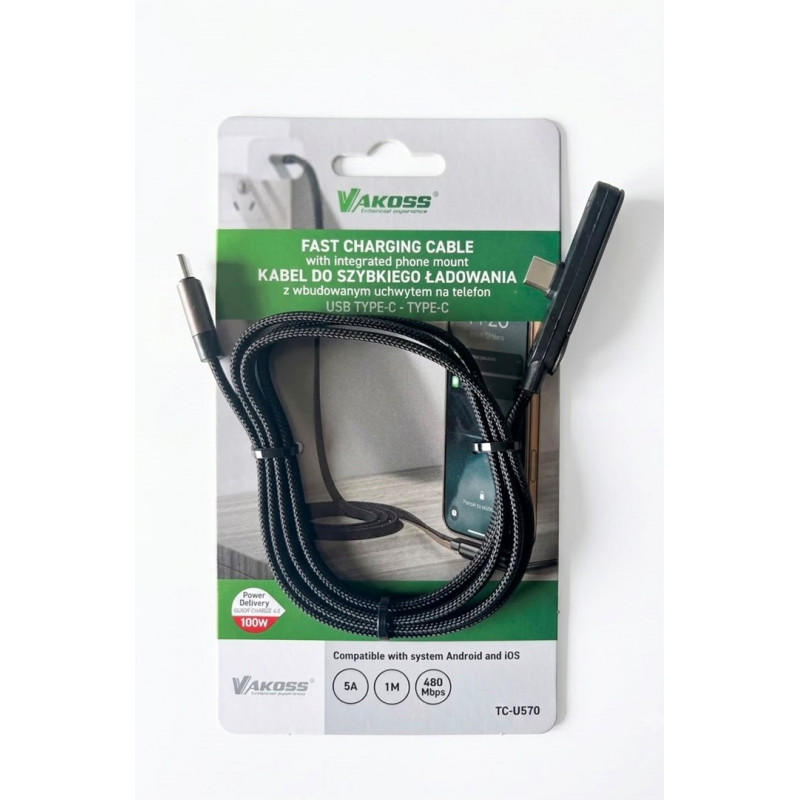 Vakoss TC-U570 USB-C uz USB-C kabelis ar statīva funkciju, 100 W, 1 m, melns