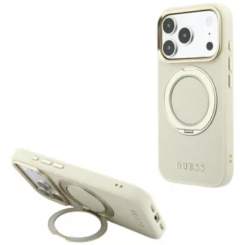 Guess GUE005667 Ring Stand 360 Grained Classic Logo MagSafe vāciņš iPhone 18 Pro / 17 Pro, bēšs
